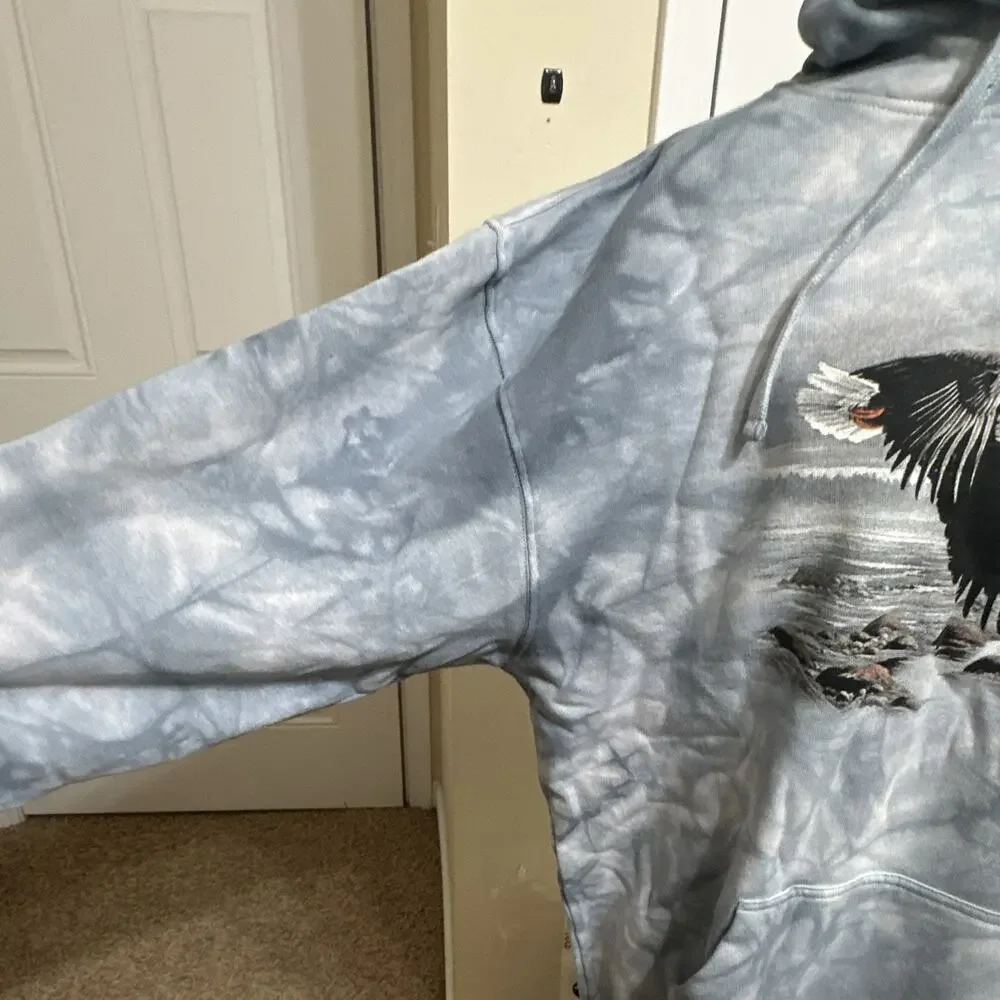 Mountain Men's L Blue/Gray Fleece Pullover Hoodie Tie-Dye Eagle Graphic Pocket - Picture 3 of 10
